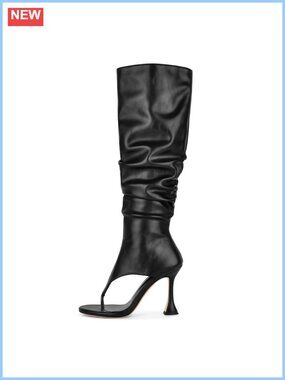 Faux Leather Knee High Thong Boots Open Toe Stiletto Heel Dress